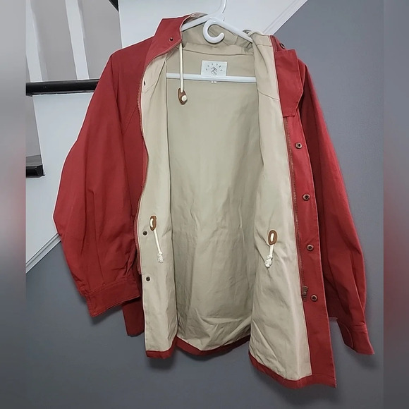 Coudre Jacket Red Large Zip and Snap Button Front Closure Hooded Canvas Pockets - Picture 4 of 6